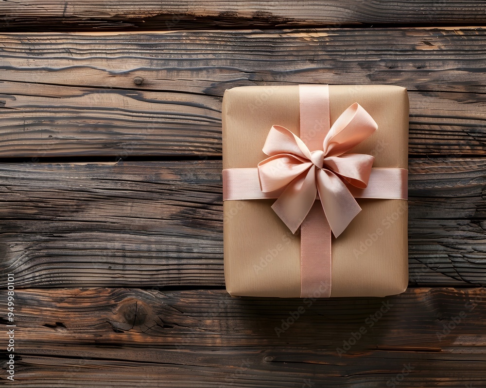 Hand tied Kraft Paper Gift Box on Rustic Wooden Background with Copy Space Hand tied Kraft Paper Gift Box on Rustic Wooden Background with Copy Space