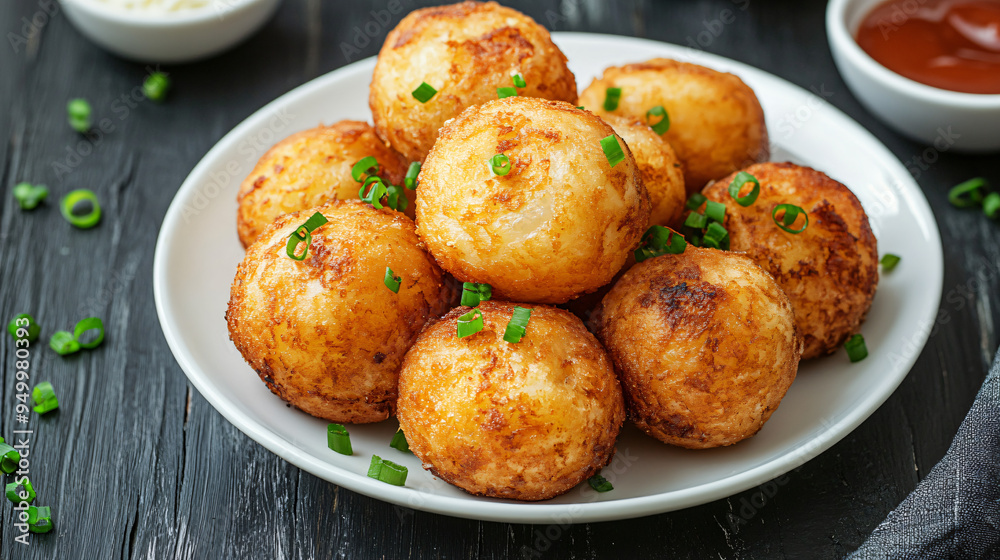 Crispy potato balls with chive seasoning served on a white platter, ideal as a starter or accompaniment to any dish Crispy potato balls with chive seasoning served on a white platter, ideal as a starter or accompaniment to any dish