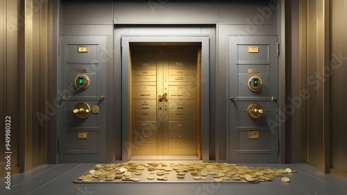 Door to bank vault. There are safe deposit boxes in the bank vault. Inside in Bank vault room with Dollars and euro cash. Store Gold away. Central Bank,