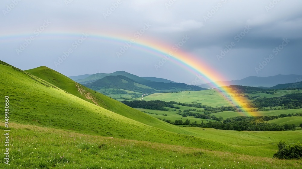 A stunning landscape featuring vibrant green hills and a captivating rainbow arching over a peaceful valley scene. A stunning landscape featuring vibrant green hills and a captivating rainbow arching over a peaceful valley scene.
