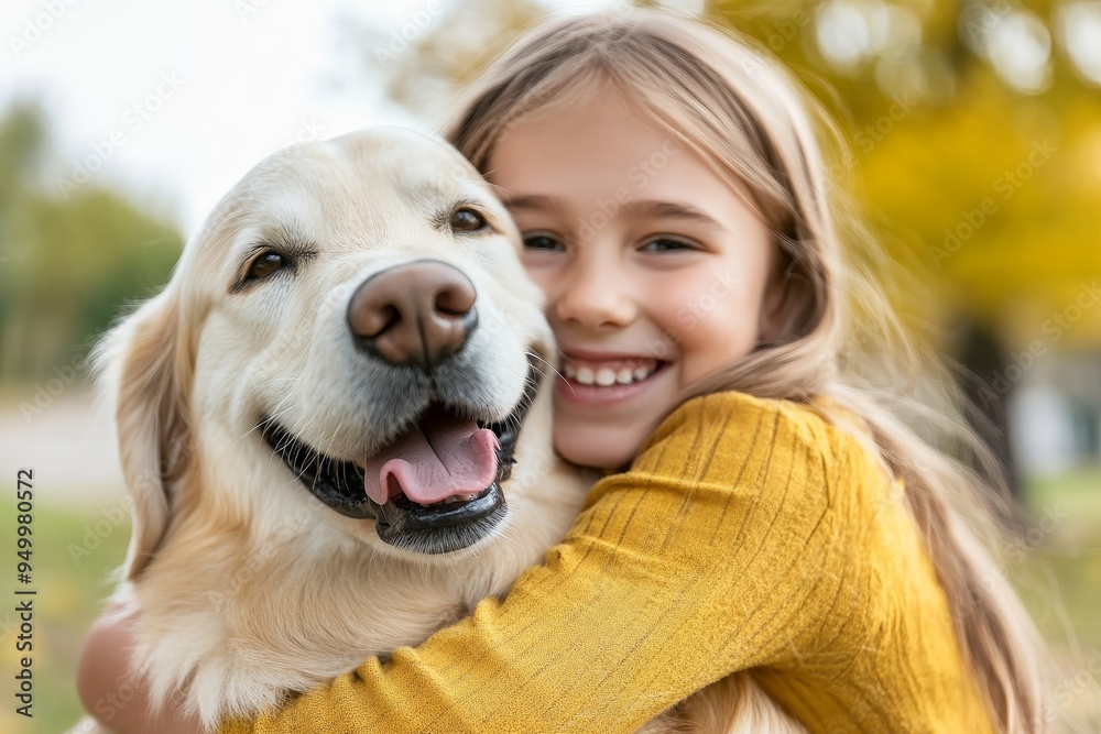 A child cuddles its beloved dog.