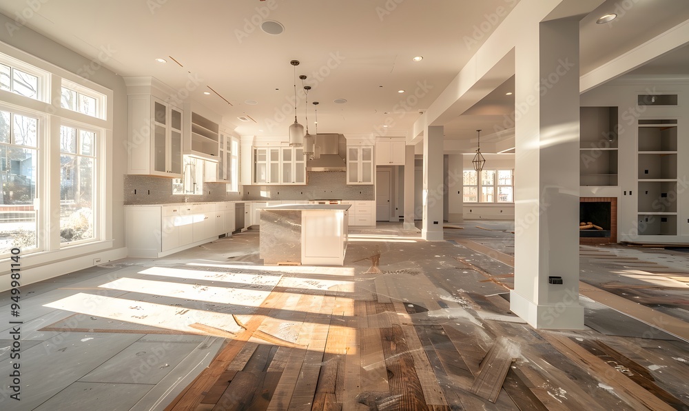 Sunbeam Renovation Reveal, Renovation underway with sunbeams highlighting the contrast between old and new surfaces Sunbeam Renovation Reveal, Renovation underway with sunbeams highlighting the contrast between old and new surfaces