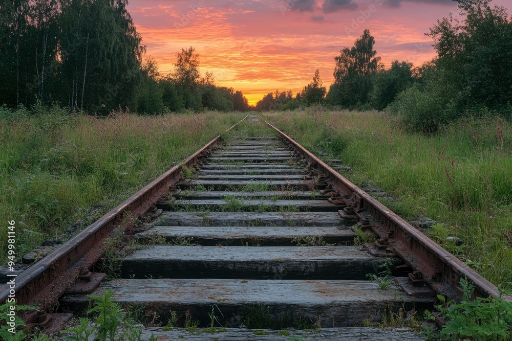 A Rusty Railroad Track Leading Through a Forest at Sunset