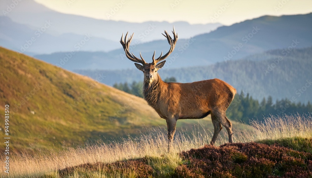 An impressive red deer, with majestic antlers, stands proudly atop a scenic landscape of rolling hills. An impressive red deer, with majestic antlers, stands proudly atop a scenic landscape of rolling hills.