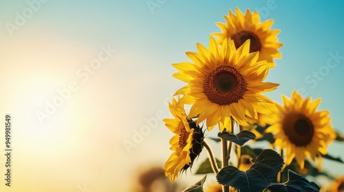 Bright sunflowers basking in warm sunlight, showcasing their vibrant yellow petals against a serene blue sky.