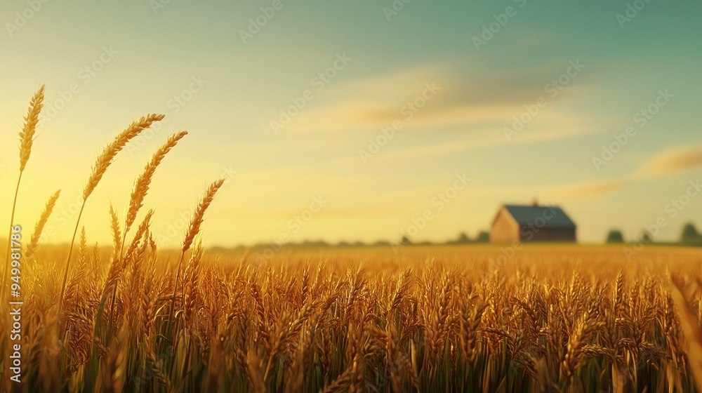 Obraz premium Golden wheat field under a vibrant sunset, with a rustic barn in the background, capturing the essence of rural agriculture.