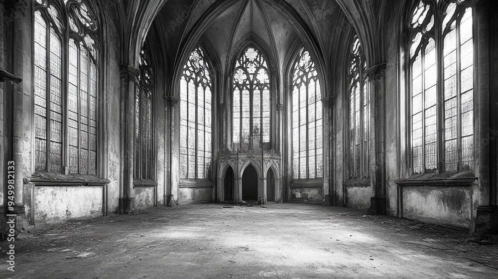 Time-Worn Elegance: The Haunting Beauty of an Ancient Church in Grayscale, Stained Glass Windows Reflecting History Time-Worn Elegance: The Haunting Beauty of an Ancient Church in Grayscale, Stained Glass Windows Reflecting History
