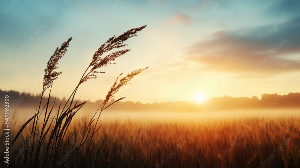 A serene landscape showcasing swaying grass under a beautiful sunrise with soft clouds in the sky. A serene landscape showcasing swaying grass under a beautiful sunrise with soft clouds in the sky.