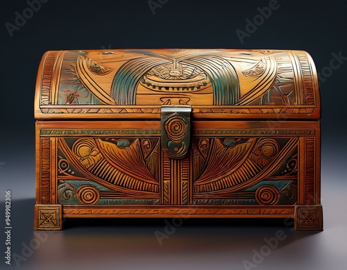 Ancient Egyptian wooden box detail painted with symbols, museum artifact