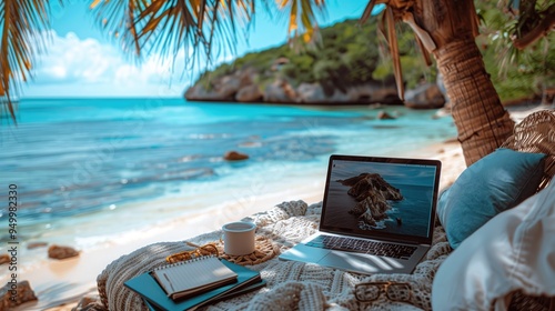 Fototapeta Naklejka Na Ścianę i Meble -  A remote worker having a virtual meeting while sitting on a beach towel, with the ocean waves rolling 