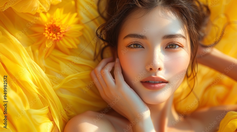 A close-up portrait of a young woman with soft features, surrounded by vibrant yellow flowers and fabric. Her skin glows with natural beauty, and she has a serene expression A close-up portrait of a young woman with soft features, surrounded by vibrant yellow flowers and fabric. Her skin glows with natural beauty, and she has a serene expression