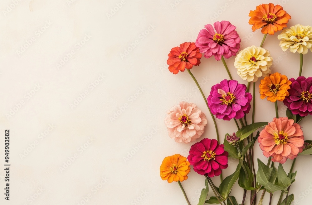 Obraz premium Colorful Zinnia Flowers on a White Background