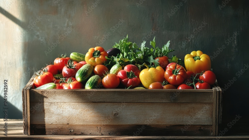 Brightly lit wooden crate filled with colorful vegetables on a rustic market table, featuring tomatoes, cucumbers, and bell peppers. Harvesting Brightly lit wooden crate filled with colorful vegetables on a rustic market table, featuring tomatoes, cucumbers, and bell peppers. Harvesting