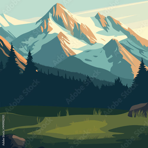 A minimalistic illustration of a mountain landscape with snow-capped peaks against the sky, dark silhouettes of fir trees and a glade in the foreground. Soft pastel colors were used.