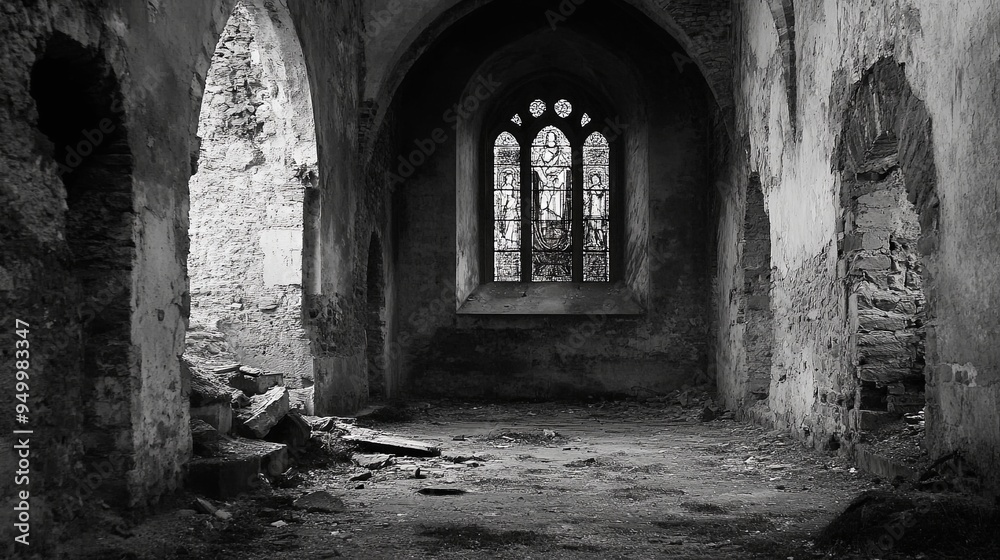 Time-Worn Elegance: The Haunting Beauty of an Ancient Church in Grayscale, Stained Glass Windows Reflecting History Time-Worn Elegance: The Haunting Beauty of an Ancient Church in Grayscale, Stained Glass Windows Reflecting History
