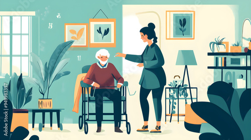 A caregiver assists an elderly person in a cozy home environment, providing support and companionship in daily activities