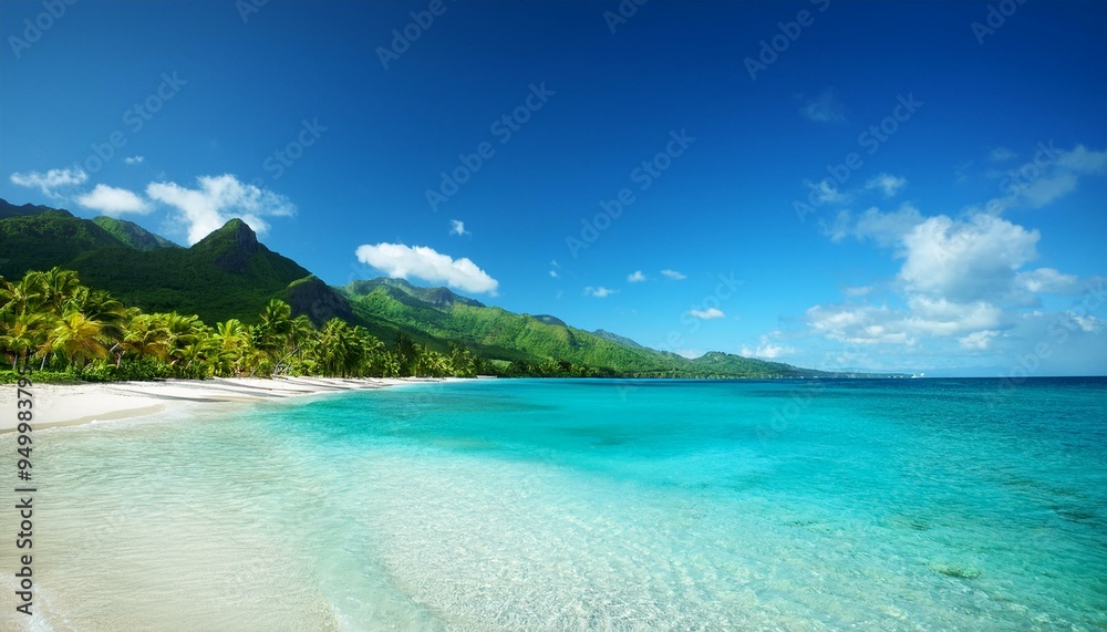 Beautiful background with Caribbean white sand beach, mountains, palm trees, and clean ocean water. Beautiful background with Caribbean white sand beach, mountains, palm trees, and clean ocean water.