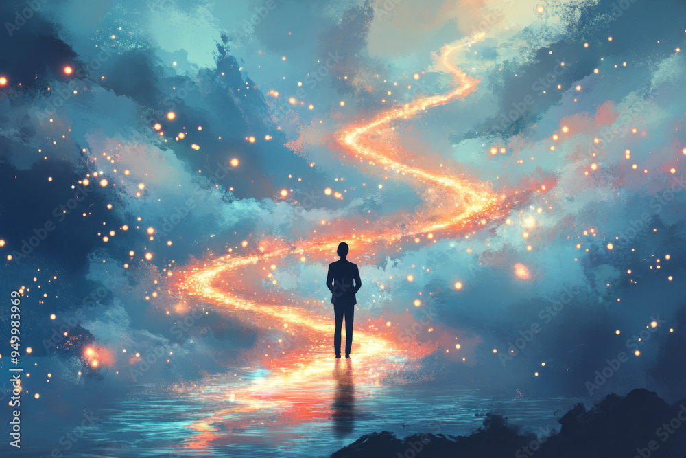 Silhouette personne d'affaires de dos contemplant un chemin lumineux sinueux dans un ciel étoilé, choix de carrière et l'orientation professionnelle. Parcours professionnel et des opportunités. Silhouette personne d'affaires de dos contemplant un chemin lumineux sinueux dans un ciel étoilé, choix de carrière et l'orientation professionnelle. Parcours professionnel et des opportunités.