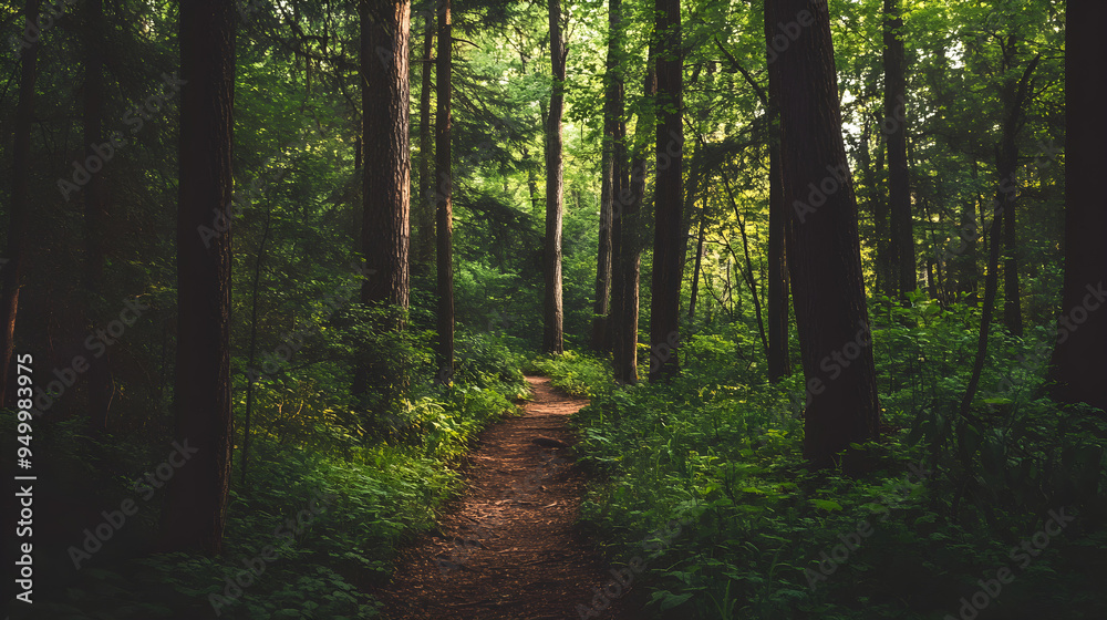 Fototapeta premium A dense forest with a walking trail surrounded by lush greenery and tall trees inviting exploration and tranquility
