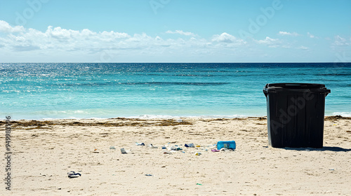 A deserted beach features a single piece of litter near a trash can contrasting with the tranquil blue ocean and clear sky