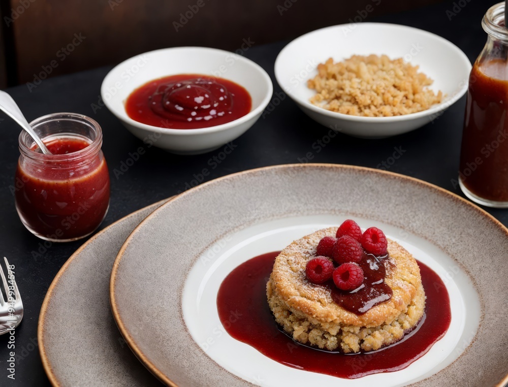 A dessert served on a long plate with raspberry sauce and crumbs. A dessert served on a long plate with raspberry sauce and crumbs.