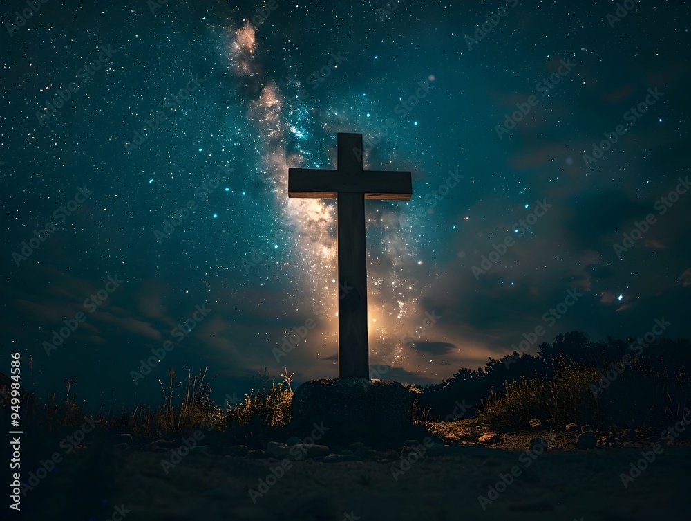 Glowing Cross Silhouette Against Starry Night Sky Symbol of Hope and Guidance Glowing Cross Silhouette Against Starry Night Sky Symbol of Hope and Guidance