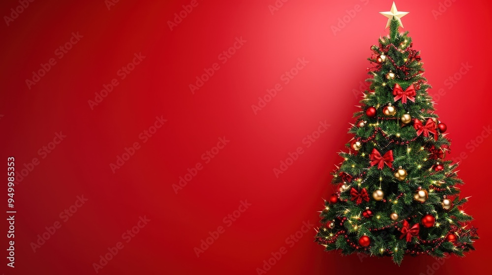 Christmas Tree Decorated with Red Ornaments and Lights on a Red Background