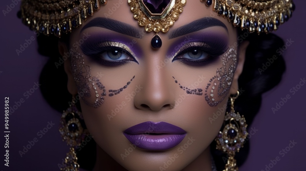 Beautiful drag queen in dress with purple fairy makeup. Neural network ai generated art Beautiful drag queen in dress with purple fairy makeup. Neural network ai generated art