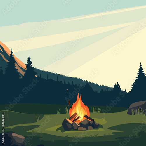 A minimalistic illustration of a landscape against the sky with dark silhouettes of fir trees and a fire in a glade in the foreground. Soft pastel colors were used.