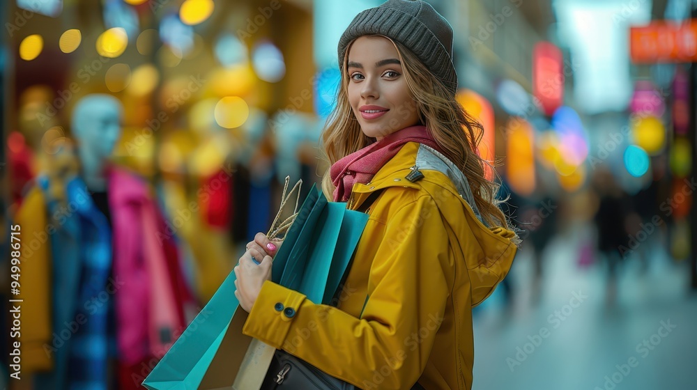 Joyful Shopping Spree: Young Woman with Shopping Bags at Vibrant Store Display Joyful Shopping Spree: Young Woman with Shopping Bags at Vibrant Store Display