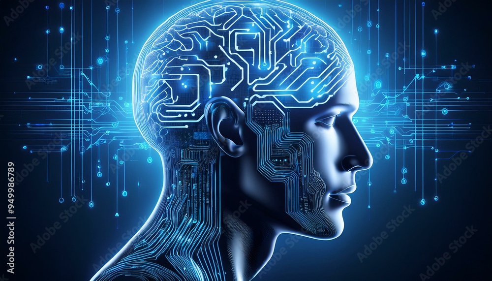 Digital brain depicted by blue circuit lines and binary code, with two connected branches representing the left side of the brain Stock Images
