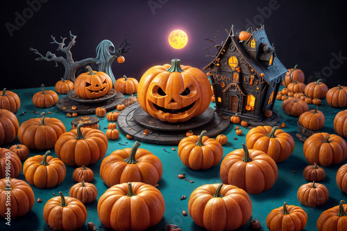 The image shows a Halloween scene with pumpkins and a haunted house. The moon is out, casting a glow on the scene. photo