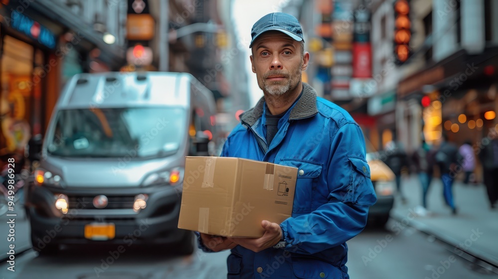 Efficient Male Courier Delivering Package in Urban Setting Efficient Male Courier Delivering Package in Urban Setting