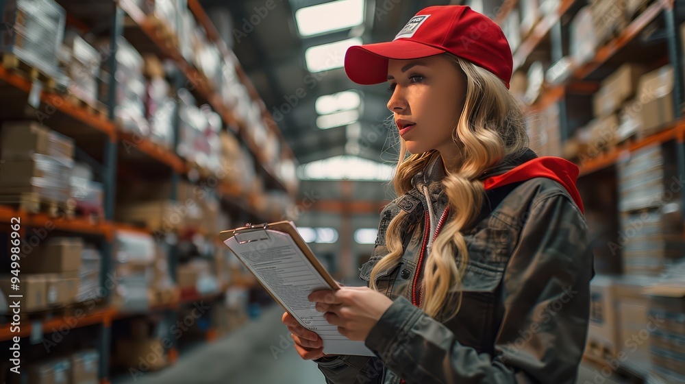 Efficient Female Delivery Driver in Warehouse Checking Clipboard with Stacked Packages in Background Efficient Female Delivery Driver in Warehouse Checking Clipboard with Stacked Packages in Background