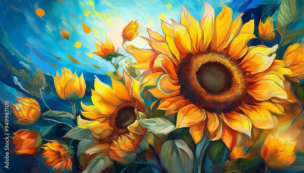 Digital painting of vibrant sunflowers against a serene blue backdrop created with Generative AI technology Digital painting of vibrant sunflowers against a serene blue backdrop created with Generative AI technology