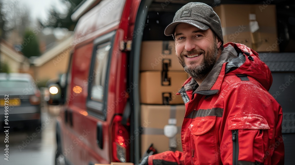 Smiling Delivery Person Unloading Packages in Red Uniform in Suburban Setting
