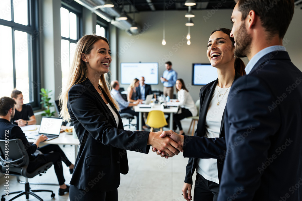 Confident female boss welcomes new team member with handshake in modern office: Perfect for HR and recruitment Confident female boss welcomes new team member with handshake in modern office: Perfect for HR and recruitment
