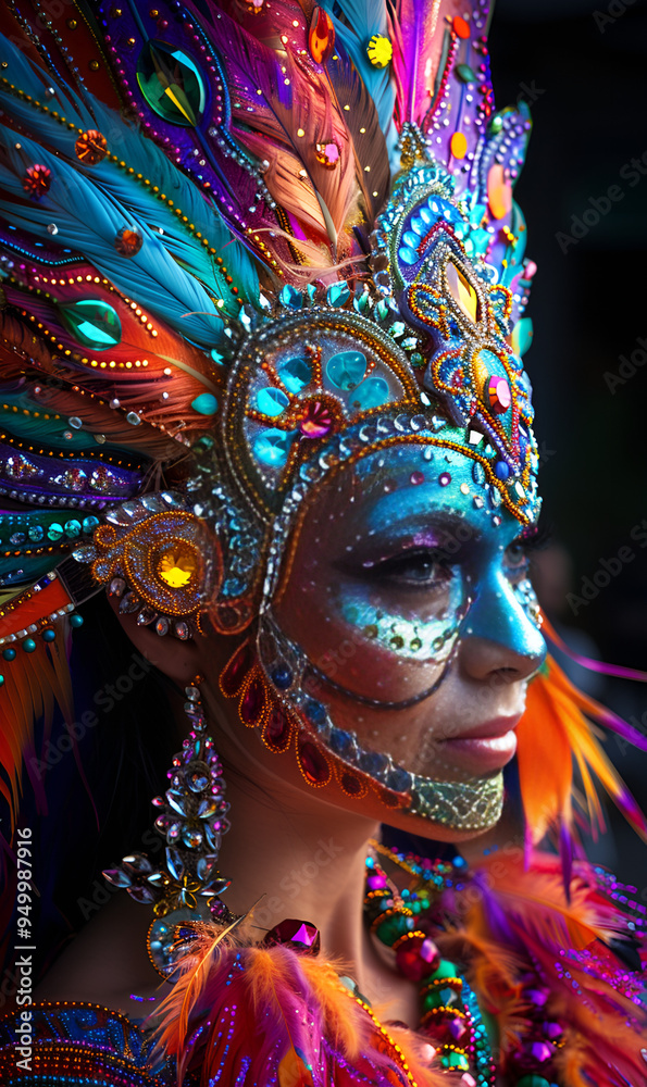 . A woman adorned with vibrant feathers and an elaborate headdress, showcasing a striking and colorful appearance. . A woman adorned with vibrant feathers and an elaborate headdress, showcasing a striking and colorful appearance.