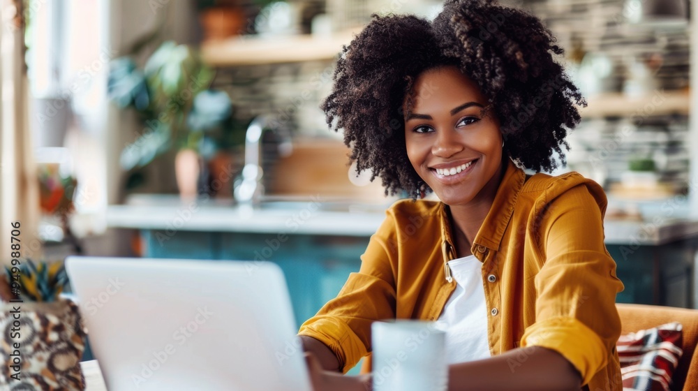 Productive Remote Work. Stylish and Smiling Woman Working on a Laptop at Home Productive Remote Work. Stylish and Smiling Woman Working on a Laptop at Home