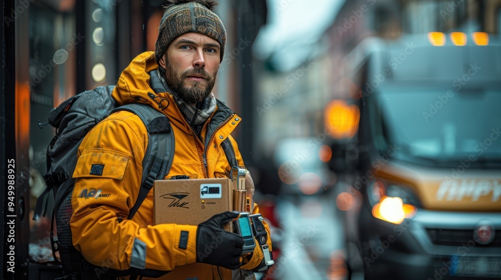 Professional Male Courier with Digital Signature Device by Delivery Van - Hyper-Realistic Color Image Professional Male Courier with Digital Signature Device by Delivery Van - Hyper-Realistic Color Image