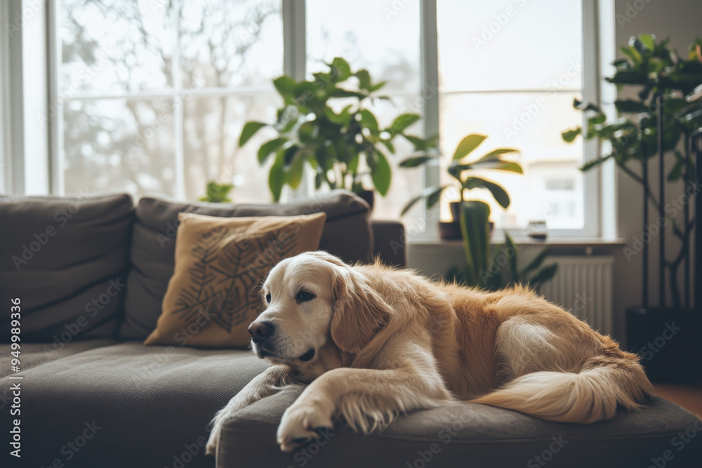 Golden retriever dog lying on a comfortable sofa in a bright living room, enjoying a moment of peace and quiet Golden retriever dog lying on a comfortable sofa in a bright living room, enjoying a moment of peace and quiet