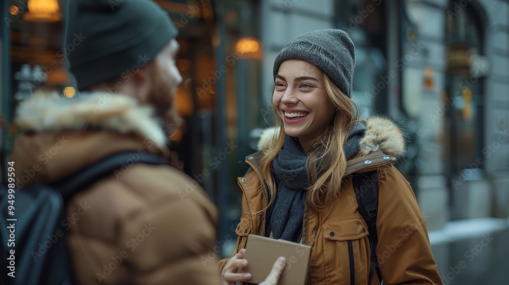 Happy Courier Delivering Package to Businesswoman at Office Entrance - Hyper-realistic Color Image Happy Courier Delivering Package to Businesswoman at Office Entrance - Hyper-realistic Color Image