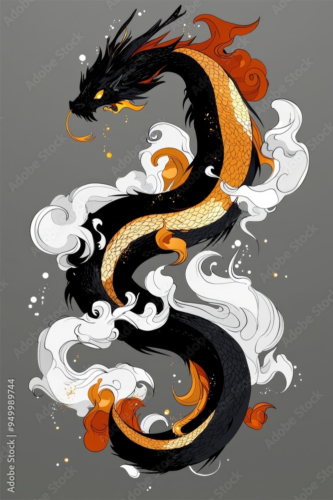 Black and Gold Dragon with Clouds Black and Gold Dragon with Clouds