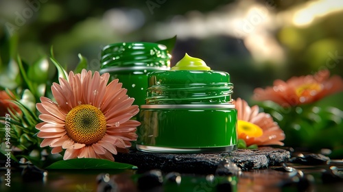 Photoshoot of natural hand cream products with flowers hyper detailed rendering green tones and cartoonish water drop design photo