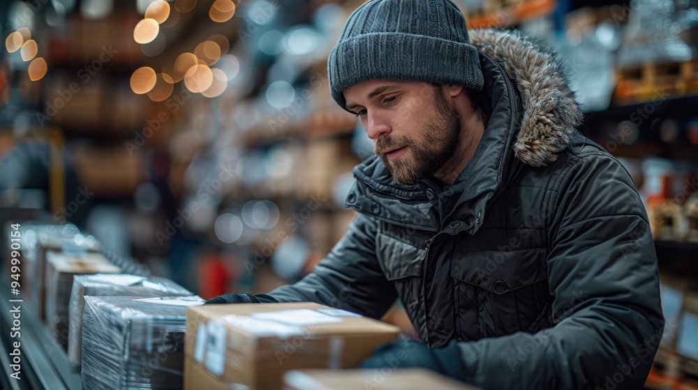 Efficient Courier at Work in Warehouse - Organized Package Handling on Conveyor Belt with Checklist Inspection Efficient Courier at Work in Warehouse - Organized Package Handling on Conveyor Belt with Checklist Inspection