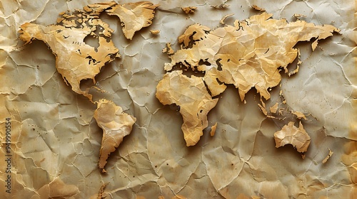 A paper map of the world with a brown border