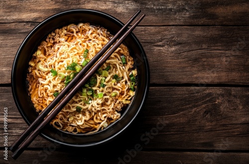 Noodles with Broth in Black Bowl