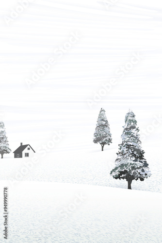 Minimalist winter landscape with snowy pine tree and log cabin graphic illustration. Merry Christmas and Happy New Year greeting card vertical template have blank space.