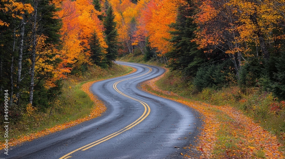 Obraz premium Serene Autumnal Scenic Drive amidst Pine Forest with Vibrant Foliage Bordering Road