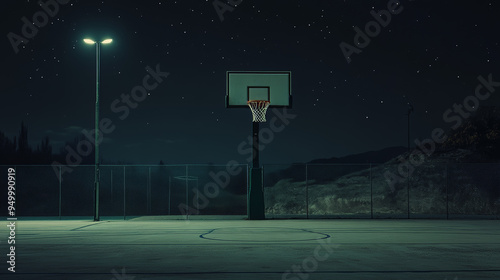 Side view of a basketball hoop on an empty outdoor court at night, illuminated only by the night sky. The scene captures an urban setting with a solitary basketball hoop. 